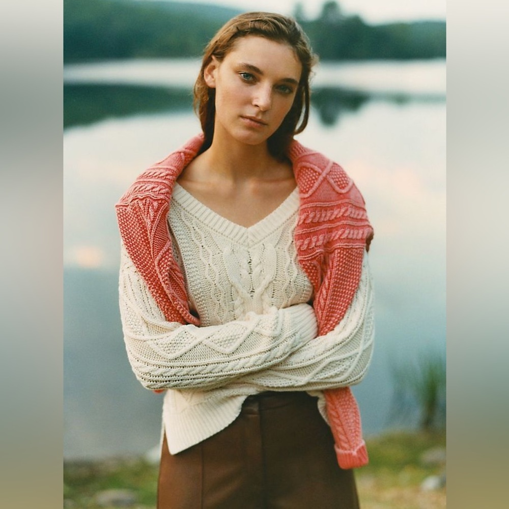 NWT Pilcro Anthropologie JONI Cabke-knit V-neck Cotton Sweater Ivory